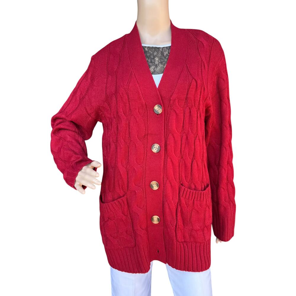 PrettyGarden Cable Knit Cardigan Sweater Red Button Front Pockets Womens Size L